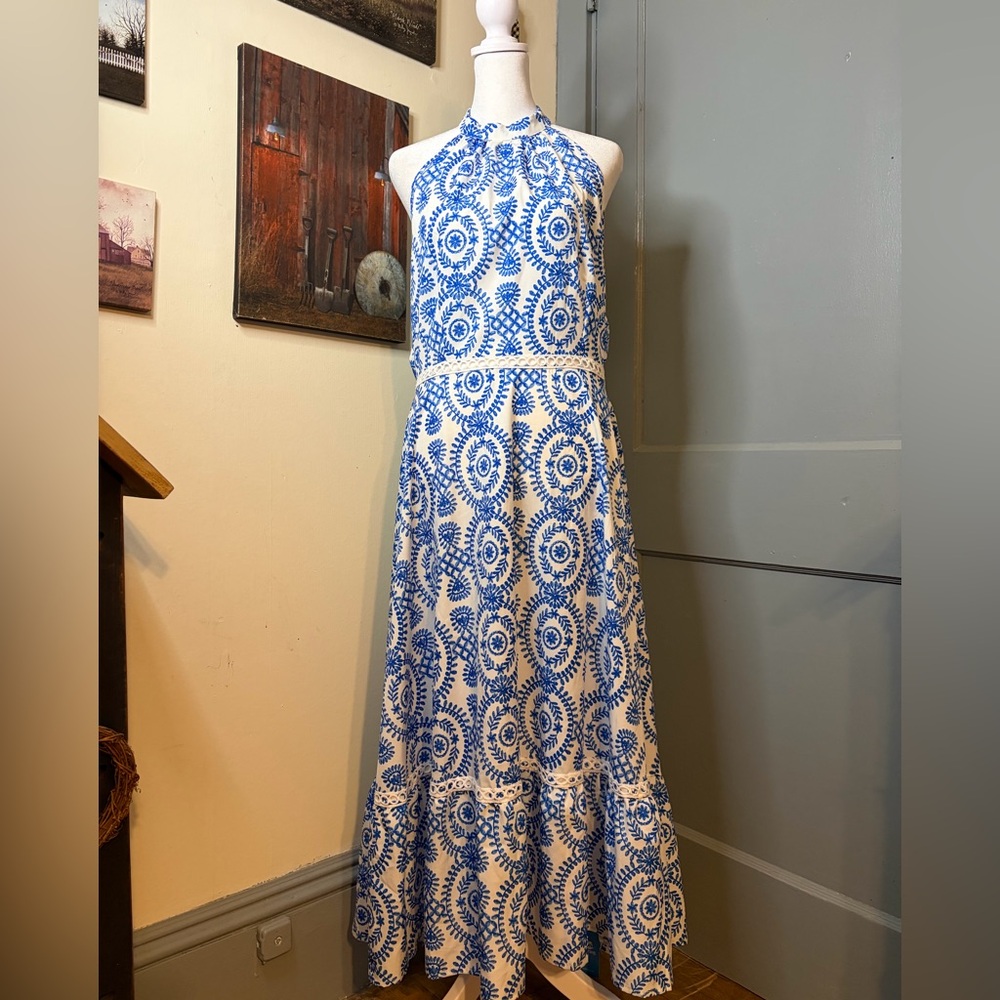 Cupshe White Halter High-Low Maxi Dress with Blue Medallion Print